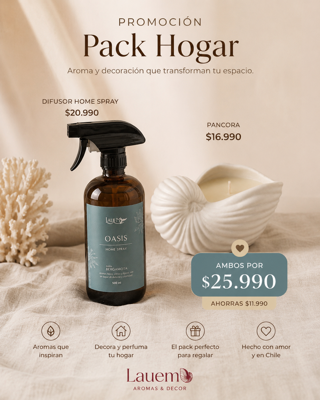 PROMOCION PACK HOGAR - HOME SPRAY + VELA DE SOYA (VELA PANCORA)